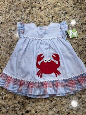Zu Baby Blue Crab Applique Dress With Red Plaid Ruffle Trim - 12M - NWT